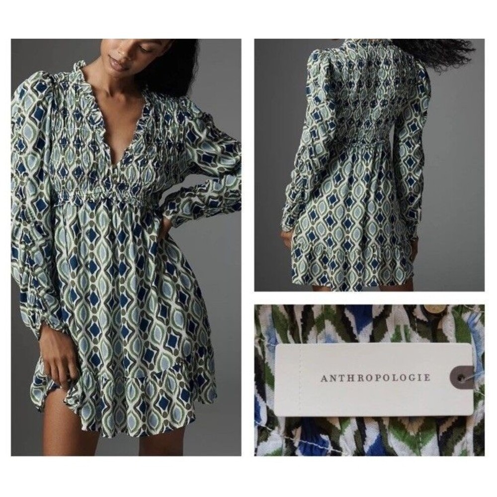 By Anthropologie Long-Sleeve V-Neck Ruffle Mini Dress Blue Motif Tensel Sz M